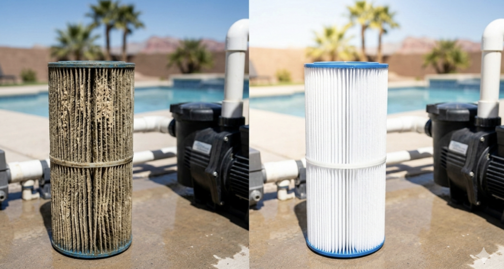Before and after pool filter cleaning.